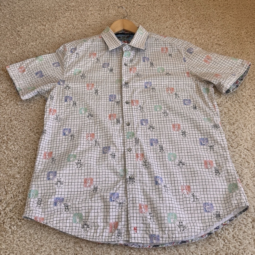 Robert Graham Button Down Mens L White Monster Robot Grid Short Sleeve Shirt